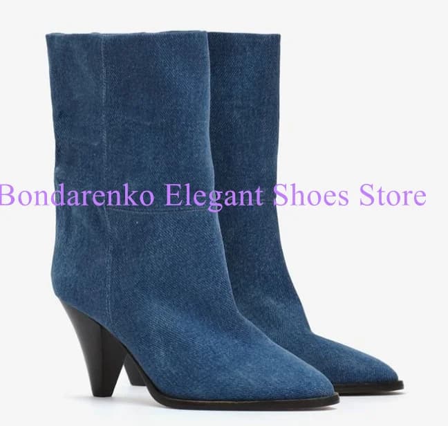 Stivaletti da donna con tacco a spillo in denim blu Stivaletti da donna sexy con punta a punta Tacco strano Gamba sottile Stivaletti da donna Scarpe eleganti da banchetto alla moda