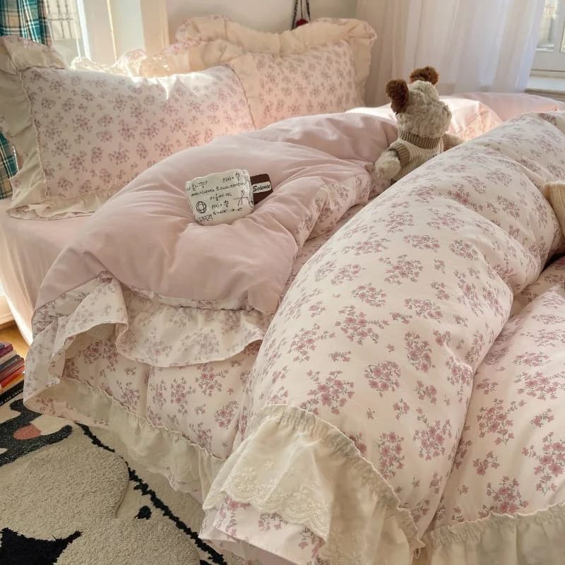 New Set of Old Silk Bed Linens with French Floral Lace, Cover and Sheets, Three Piece Set for Dormitory
