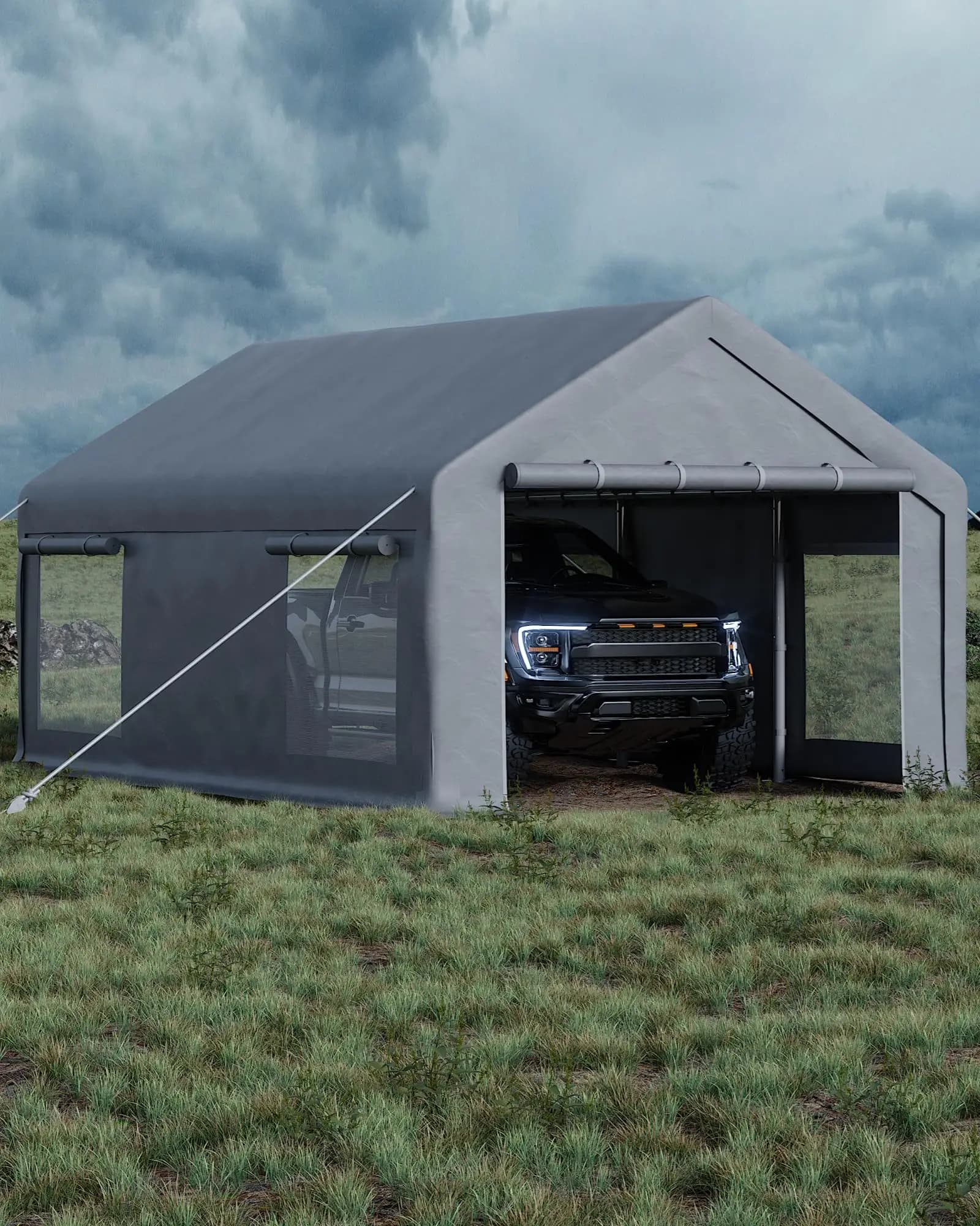 12x20 ft Portable Garage Carport, 200g PE Canopy with 2 Roll-Up Doors & 4 Windows, Multi Use Shelter for Pickups Boats Paint Booth Event