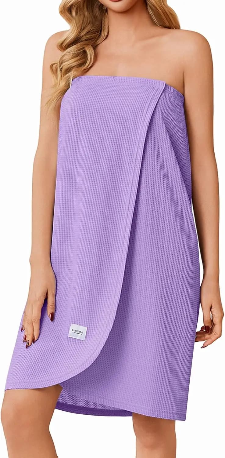 Lightweight Waffle Bath Wrap for Women, Knee Length Spa Robe with Adjustable Closure, S-XL