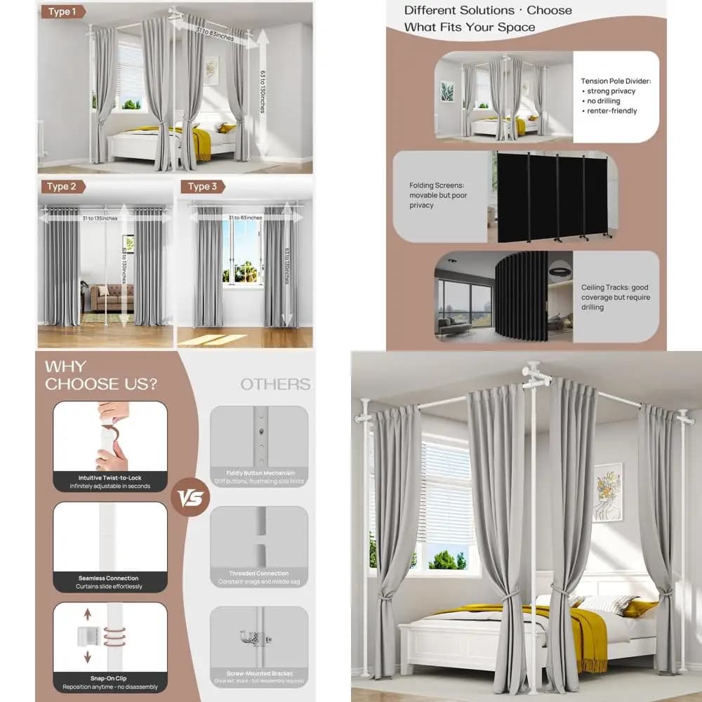 Adjustable curtain rod, height 63-130 and width 31-135, without drill, 3 mounting options, white