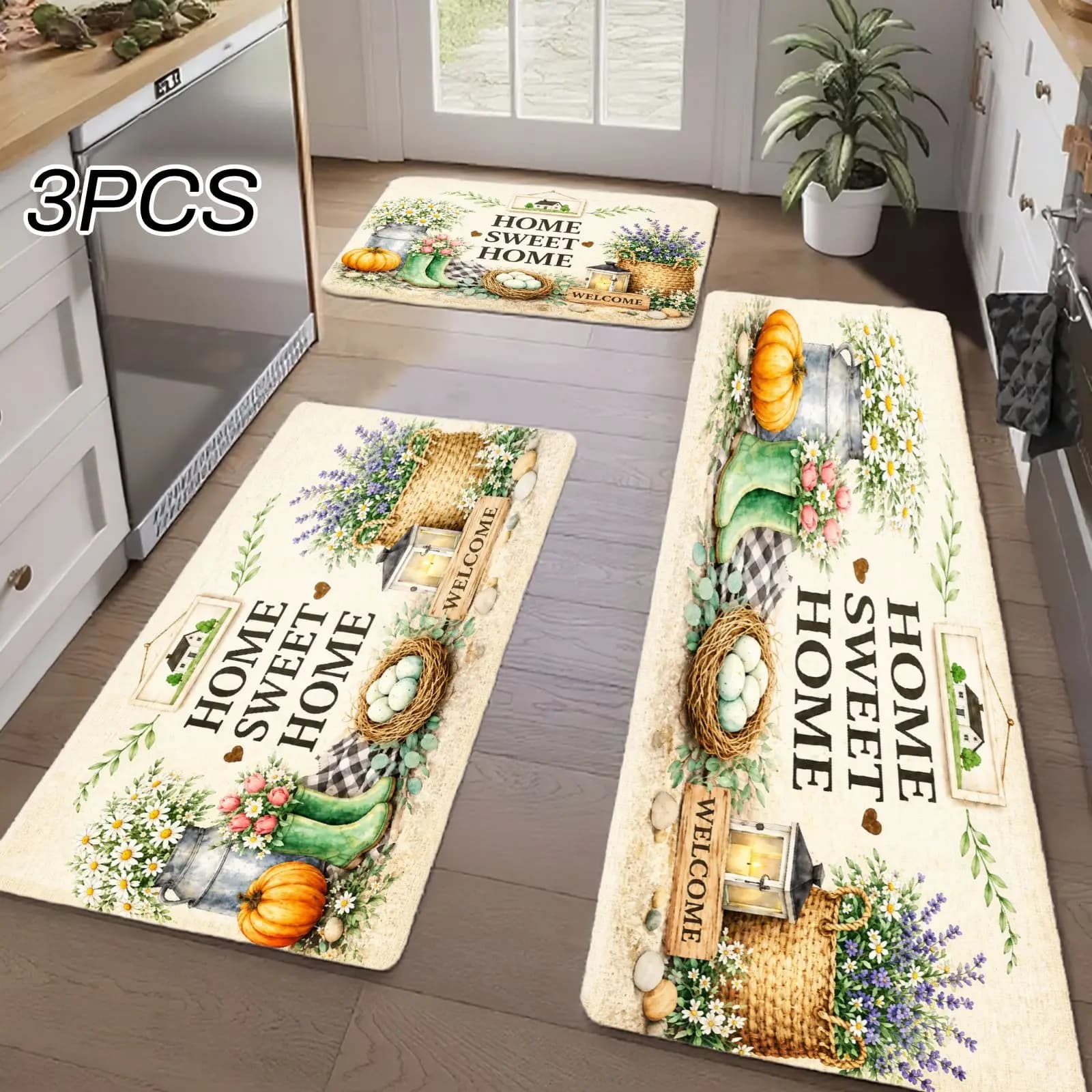 3PC Kitchen Rugs,Home Decoration for Front Door,Kitchen,Bathroom,Home Welcome Garden Scene With Pumpkins And Flowers Dining Mat