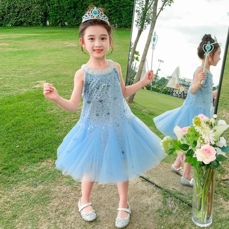 Bellissimo vestito estivo per bambine 2026, nuovo abito da principessa con paillettes per bambine, gonna senza maniche, stile fata