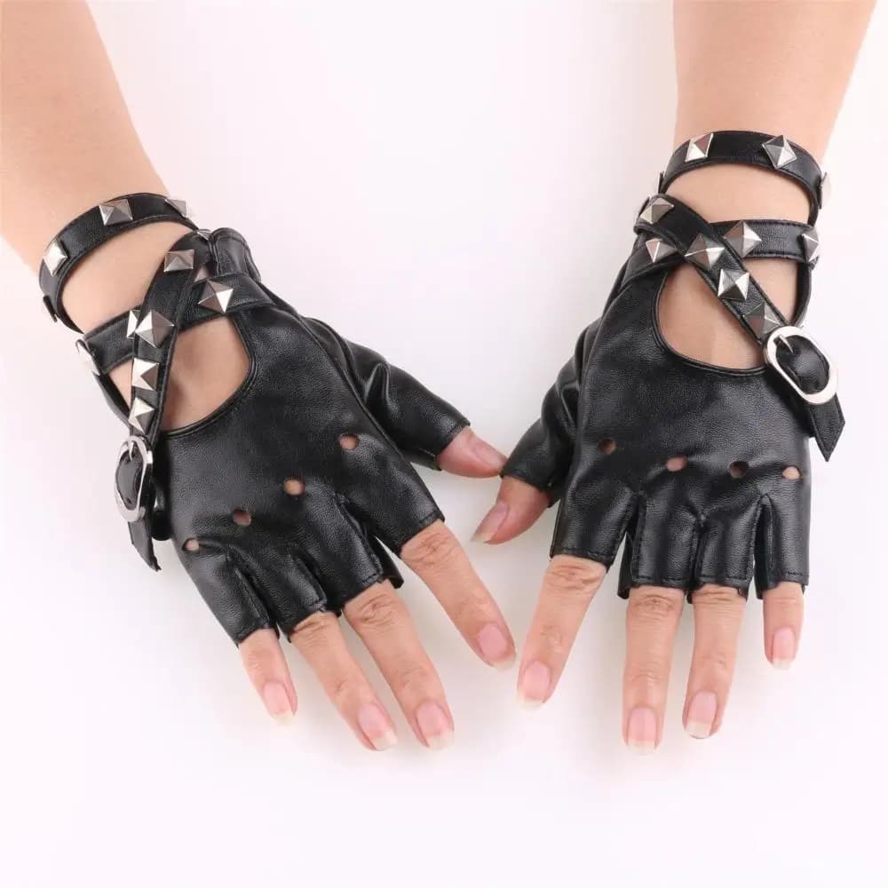 Guanti Unisex Senza Dita Antiscivolo in Pelle PU, Stile Moto, Cool con Borchie, Sexy per Discoteca, Danza, Rock, Punk, Neri, Rossi, Bianchi