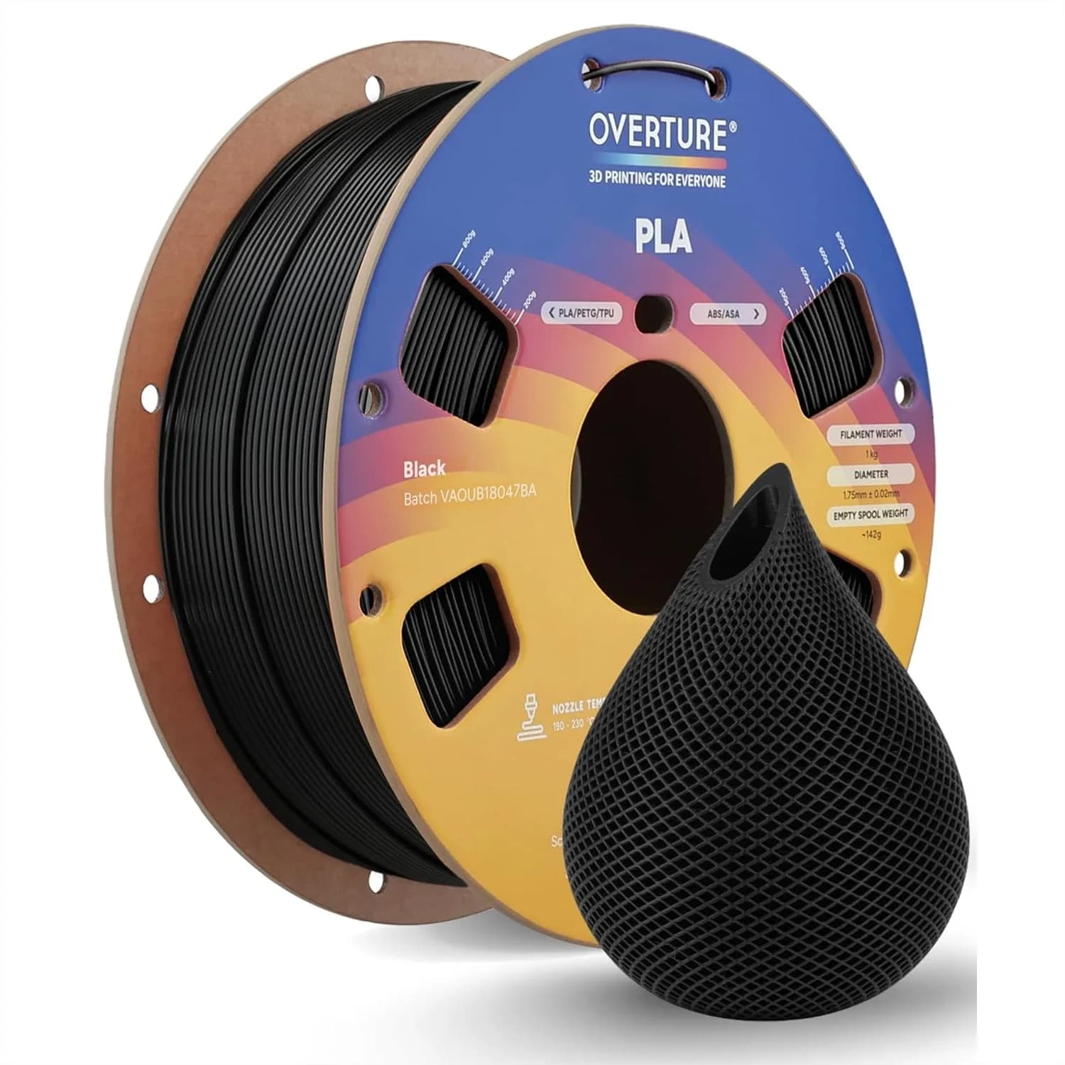 Filamento PLA 1.75mm Avvolto Ordinatamente per Stampanti 3D, Bobina da 1kg (2.2 libbre), Precisione Dimensionale +/- 0.02mm, Compatibile con la Maggior Parte delle Stampanti 3D FDM, Nero, Confezione da 1