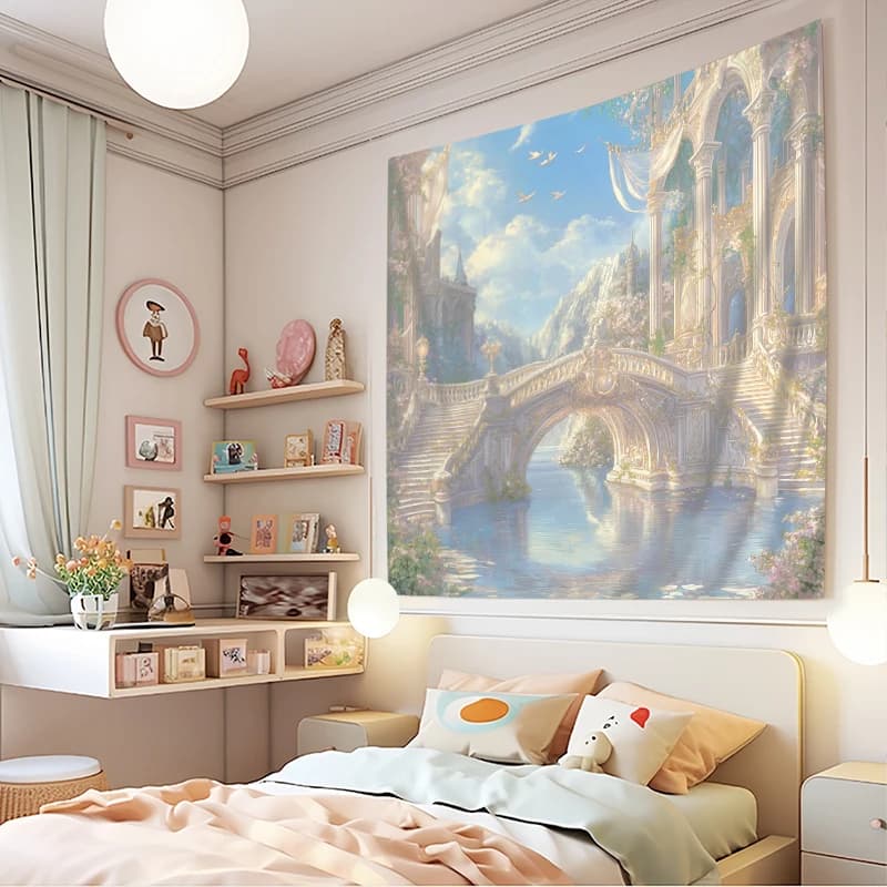 1PC Digital Print Tapestry Wall Hanging, Fantasy Stone Bridge Clouds Heaven View, Magical Dreamy Landscape Wall Art Decor