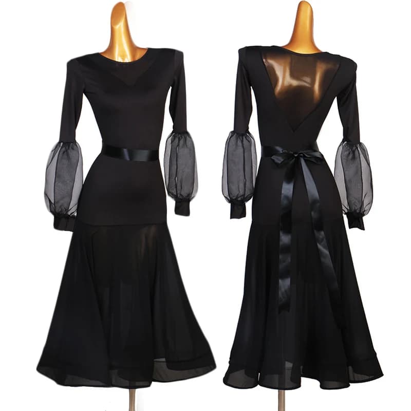 Abito da ballo standard per sala da ballo Abiti da spettacolo a maniche lunghe neri Abito da ballo moderno per donna Abbigliamento da ballo per valzer per adulti VDL4476