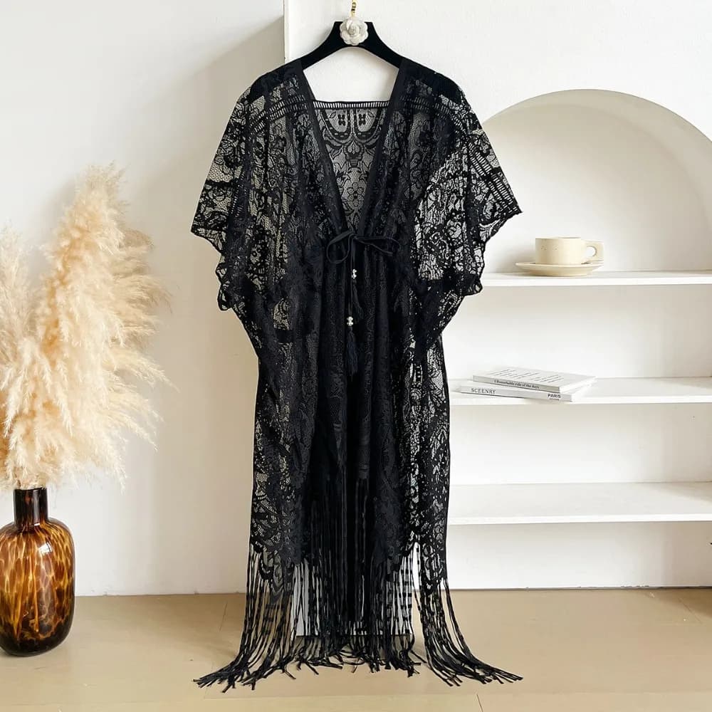 Copricostume da Spiaggia Vintage in Pizzo e Rete con Nappe Floreali Bohemien, Trasparente, Taglie Forti, per Donna