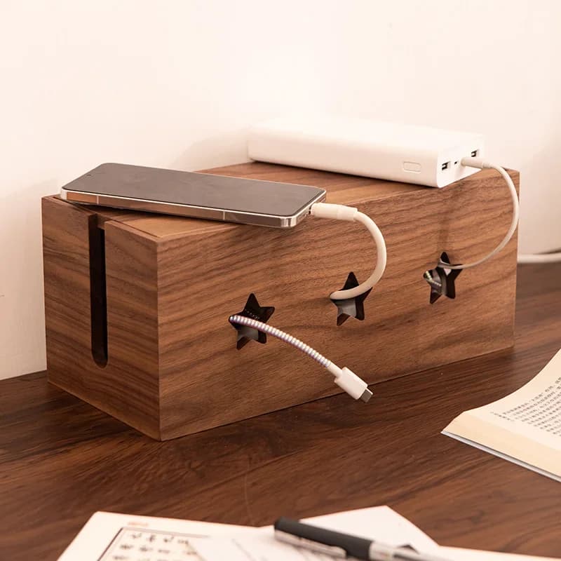 Scatola portaoggetti per cavi in legno di noce, grande portaoggetti per la gestione dei cavi, supporto decorativo per cavi con design stellato per casa o ufficio