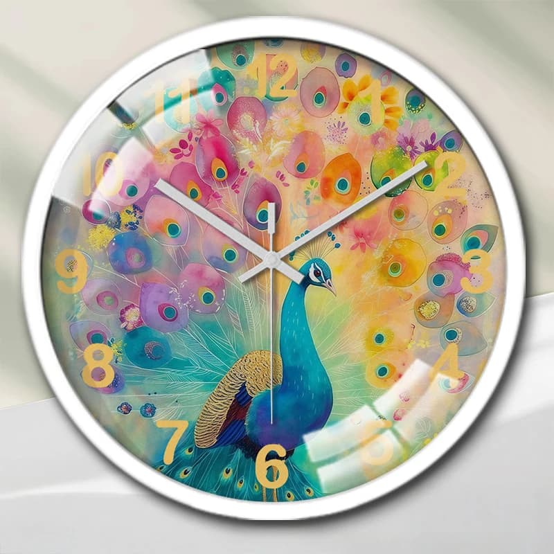 Orologio da parete silenzioso rotondo con disegno di pavone, adatto per soggiorno, scuola, studio, camera da letto, regali per bambini