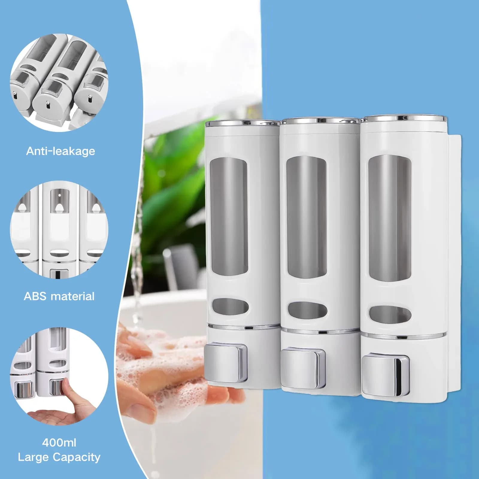 For Wall Mounted Adhesive Bathroom Shampoo Handwashing Fluid Conditioner Storage Container 2/3 Heads Shower Soap Dispenser