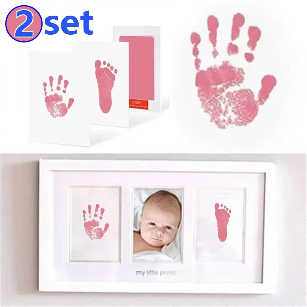 2 Set Kit fai da te per mani e impronte per neonati, tamponi di inchiostro, cornice per foto, impronte di mani, souvenir per bambini, regalo per baby shower pulito e sicuro