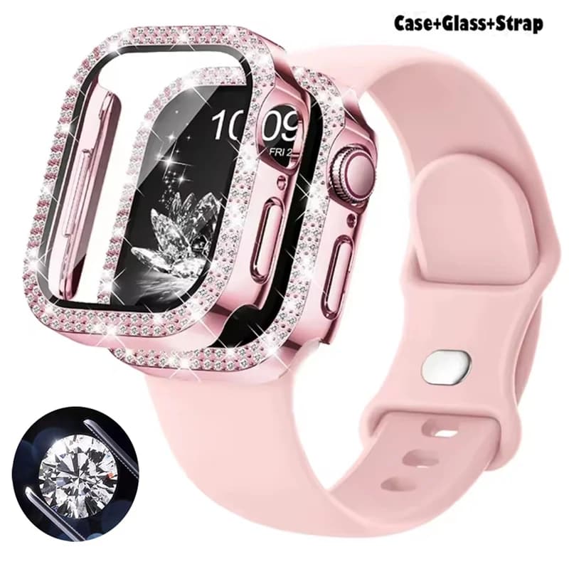 Vetro Bling + copertura + cinturino per cinturini Apple Watch 45mm 41mm 44mm 40mm braccialetto Paraurti diamantato + protezione schermo serie 9 8 7 6 5 4 SE