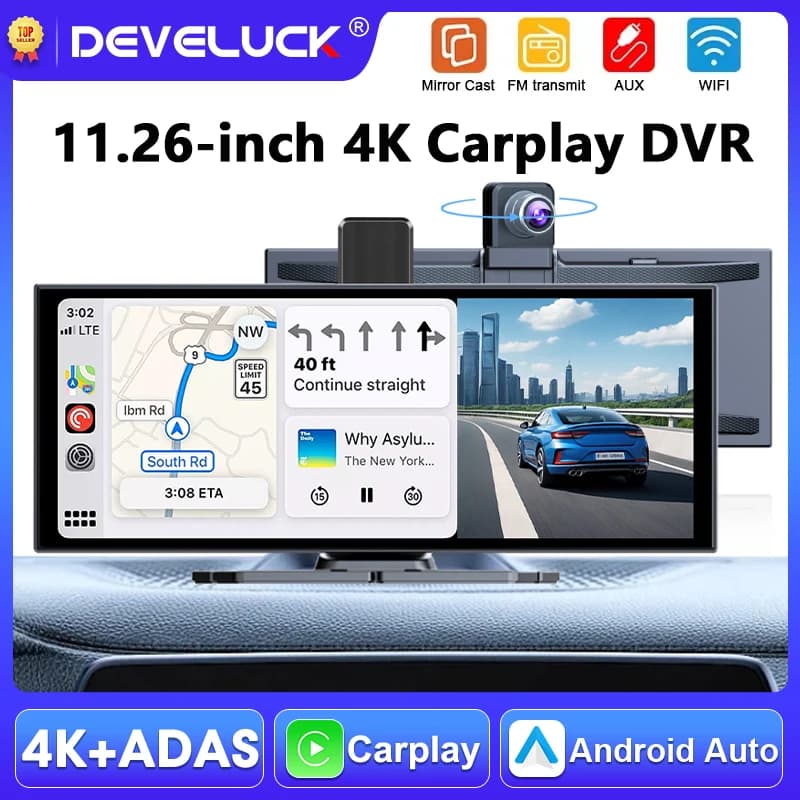 Portable 11.26 inch 4K ADAS Dash cam Rotatable Front Camera Wireless Carplay Android Auto Dashboard Video Recorder Car DVR