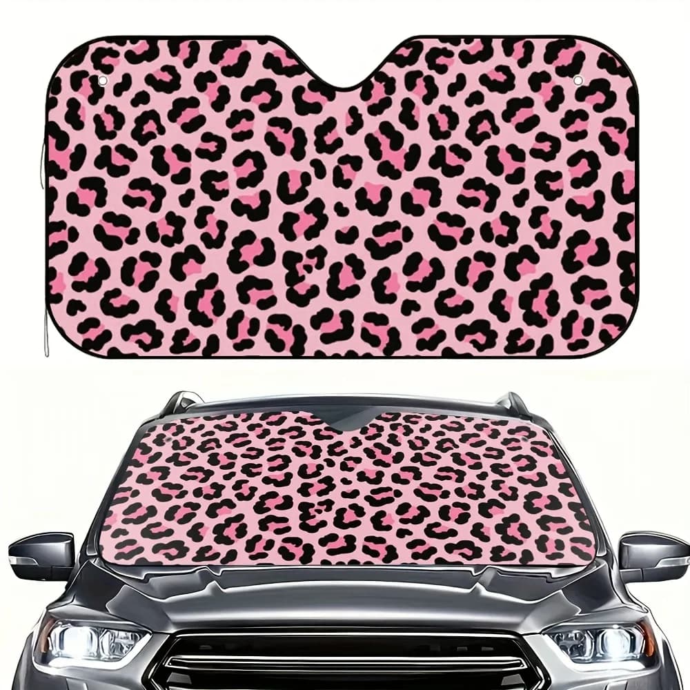Parasole per parabrezza per auto con stampa leopardata rosa da 1 pezzo - Visiera parasole elegante ed efficace con 4 ventose, riduzione del calore e dell'abbagliamento,