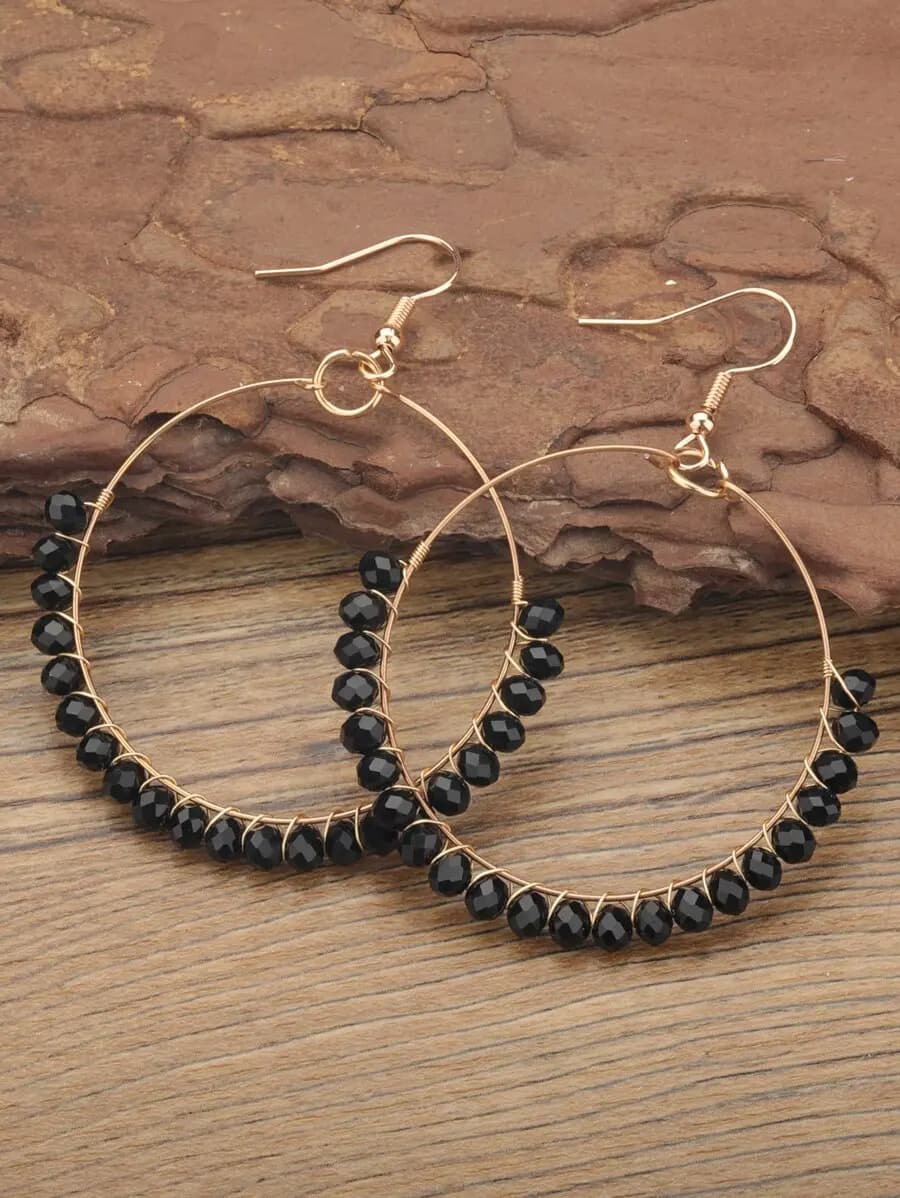 Fashion Elegant Copper Wire Wrapped Black Crystal Hoop Earrings