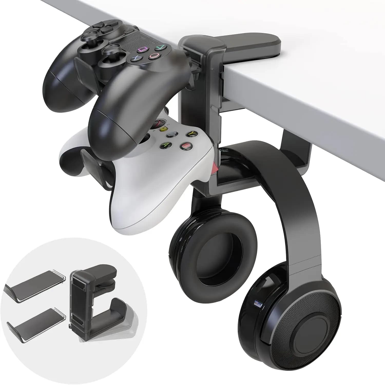 Supporto 3-in-1 per cuffie da gaming e controller con morsetto regolabile, braccio girevole e organizer per cavi - Nero