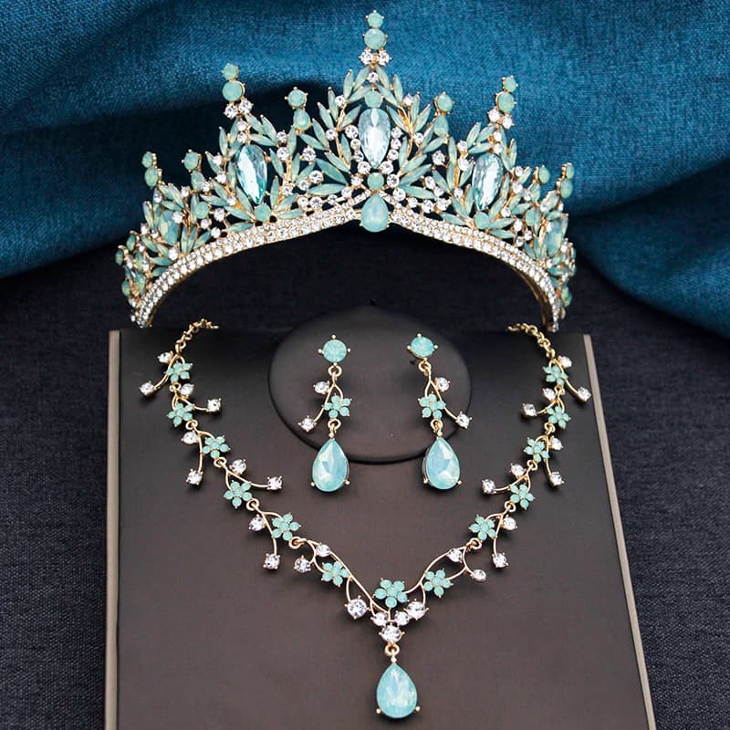 3 piece wedding jewelry set with princess crown for women, diadems and flowers, necklace, earrings, wedding dress, bridal jewelry set