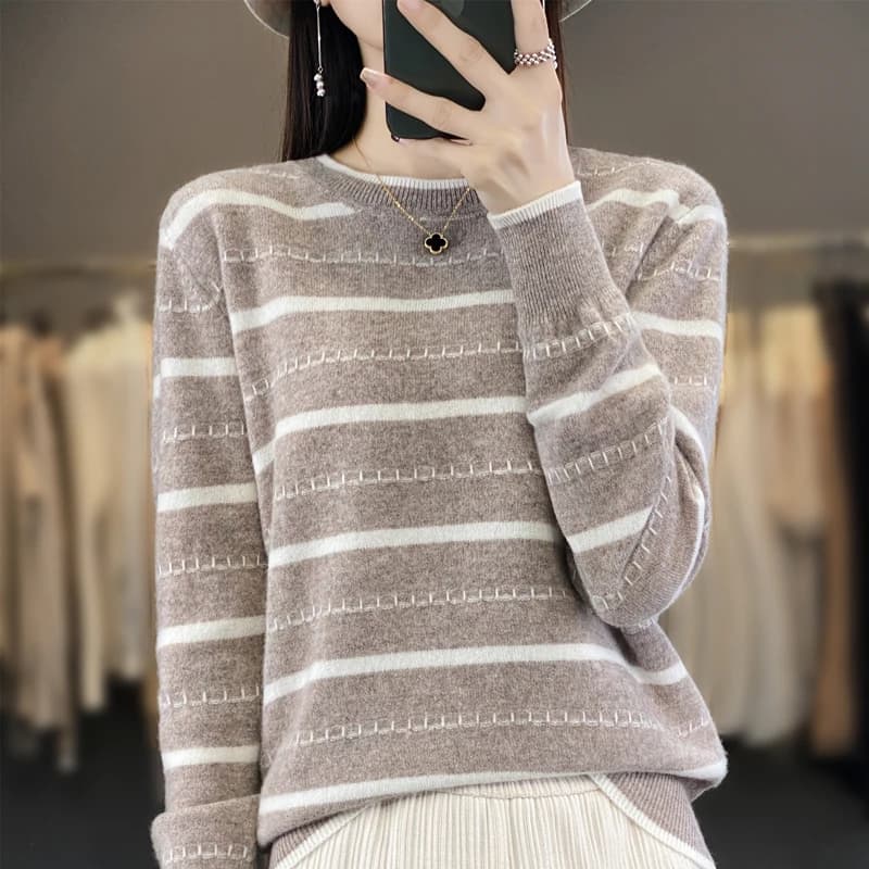 Maglione pullover da donna in puro cotone 100% girocollo, top da donna a maniche lunghe lavorato a maglia a righe per l'autunno e l'inverno-SMY251
