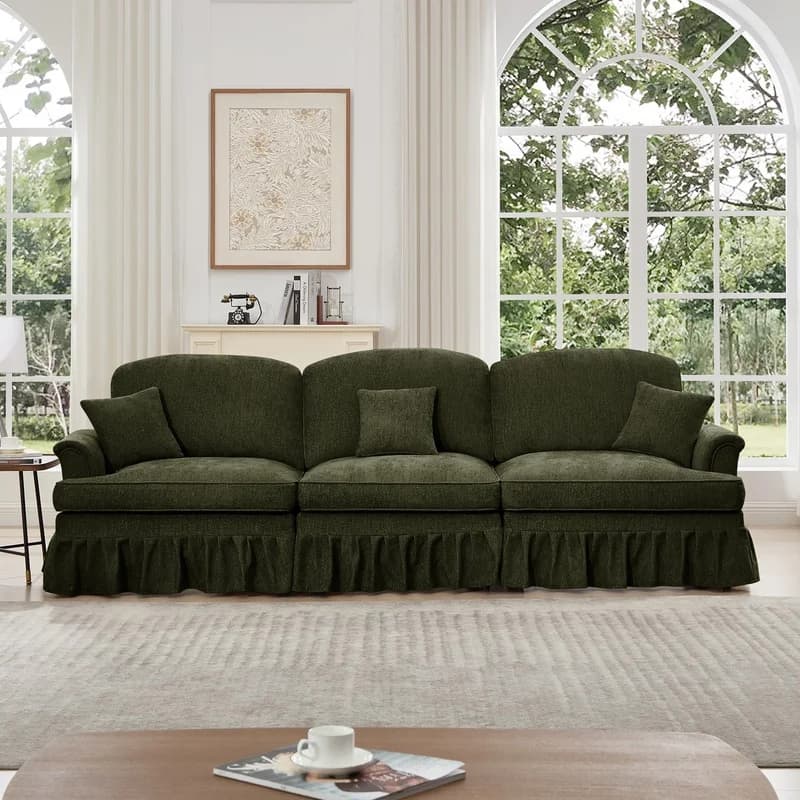 Mid Century Green Chenille 3-Seater Sofa with Flared Arms, Removable Ruffle Skirt, Spindle Legs, Comfortable Living Room Couch