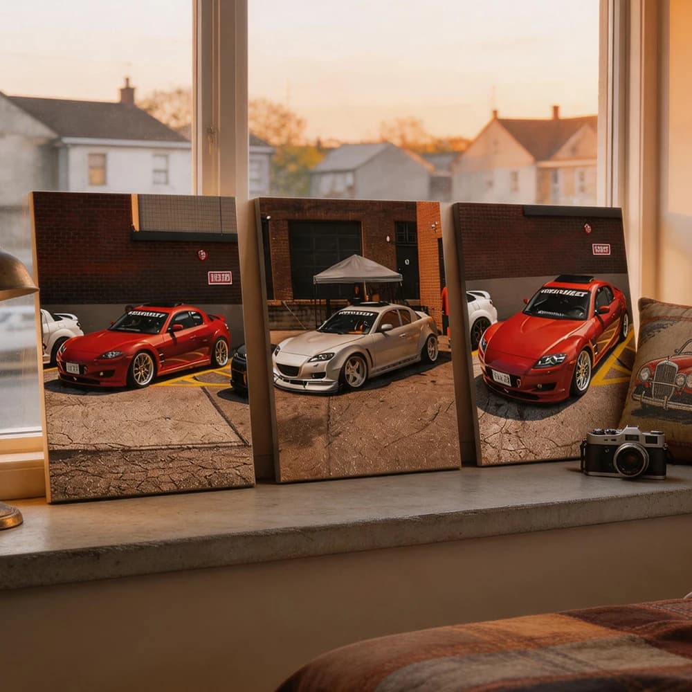 Set di 3 Quadri su Tela con Cornice in Legno, Auto Sportiva JDM Rossa e Argento RX-7, Decorazione per Soggiorno, Camera da Letto, Cucina, Ufficio, Casa