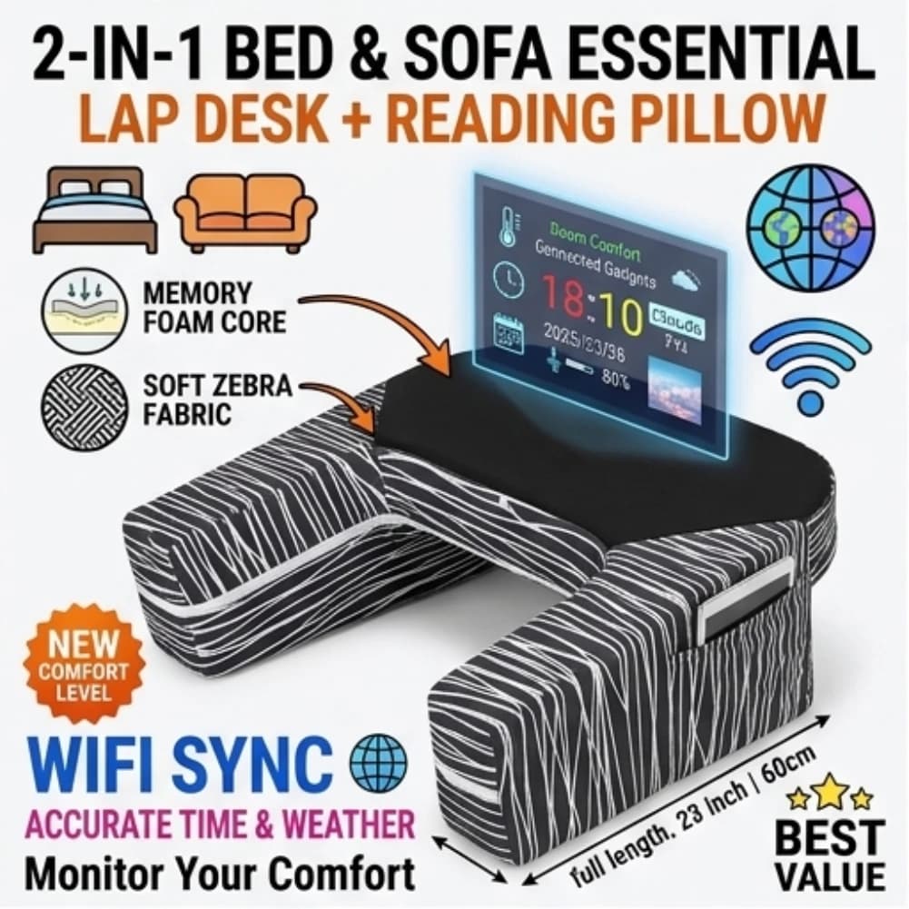 Cuscino da Lettura con Stampa Zebrata, Schienale in Memory Foam con Braccioli e Tasca per Laptop, Lavoro, Lettura e Gaming a Letto o sul Divano