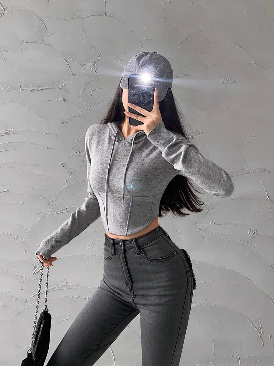 Young Girl Day Pure Desire Spicy Girl Slim Fit Short Length Belly Baring Knitted Long Sleeve Hoodie Drawstring Women's Top