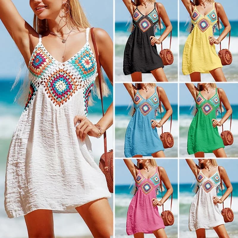 Women Hand Hook Splicing V Neck Crochet Pullover Hollowed Out Beach Bikini Cover Lace Dress Dresses