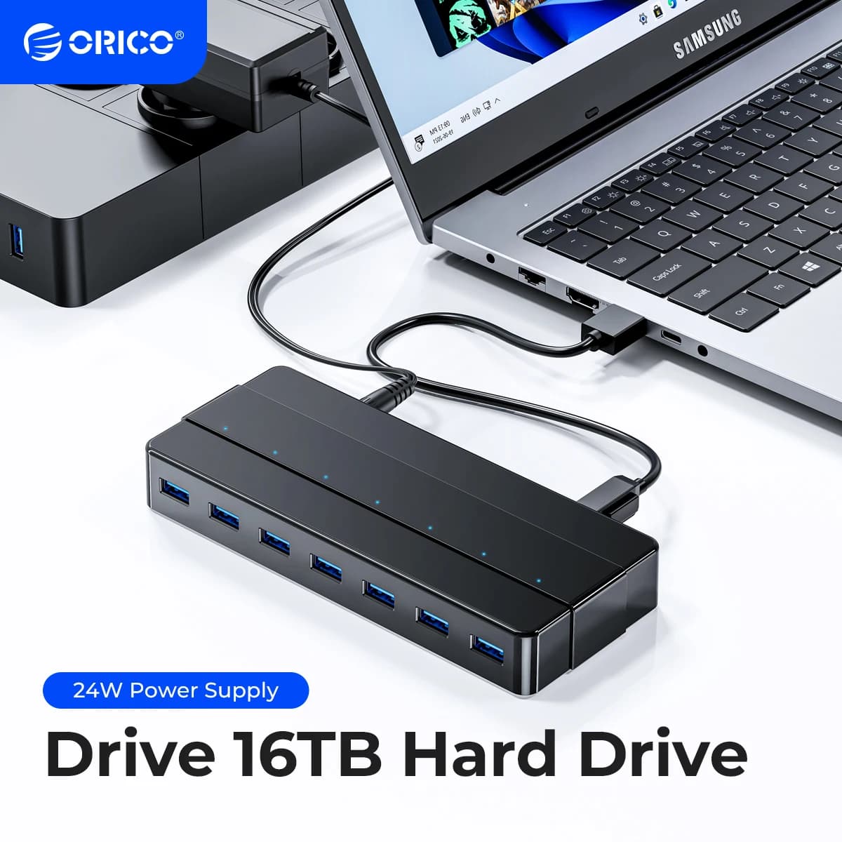 Hub USB 3.0 ORICO a 7 Porte con Adattatore di Alimentazione 12V, Splitter USB, Adattatore OTG per Desktop, Laptop e PC
