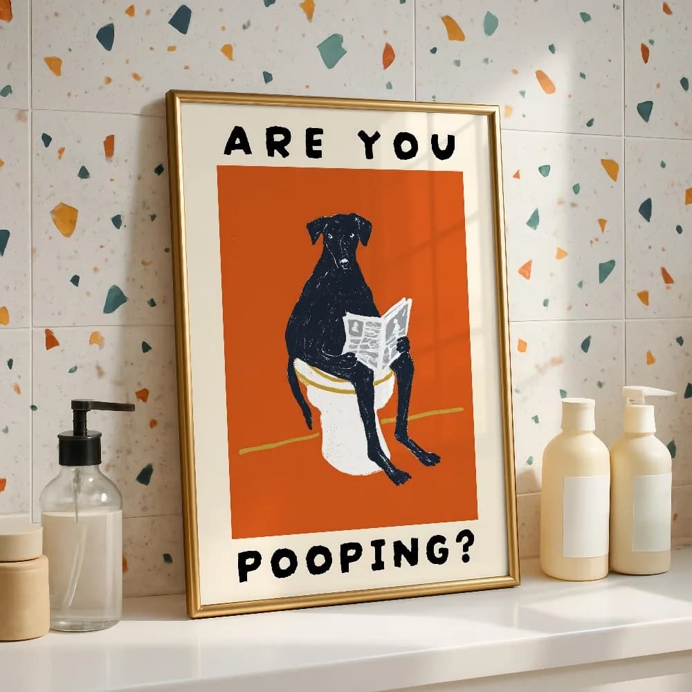Funny Posters Dog Reading Newspaper on Toilet Are You Pooping Canvas Printing Home Bathroom Toilet Wall Decoration Unframed