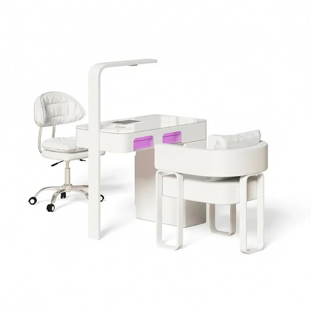 Set Tavolo per Manicure con Piano in Marmo, Scrivania per Salone Unghie con Aspiratore, Lampada UV per Unghie, Arredamento Commerciale in Acciaio Inossidabile