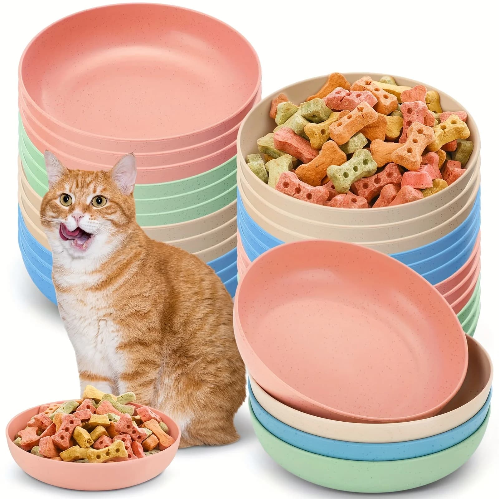Ciotole per gatti da 4 pezzi, piatti per alimenti e acqua per animali domestici bassi da 13,97 cm di larghezza, piatti di alimentazione colorati antiscivolo in plastica per piccoli gatti, gattini,