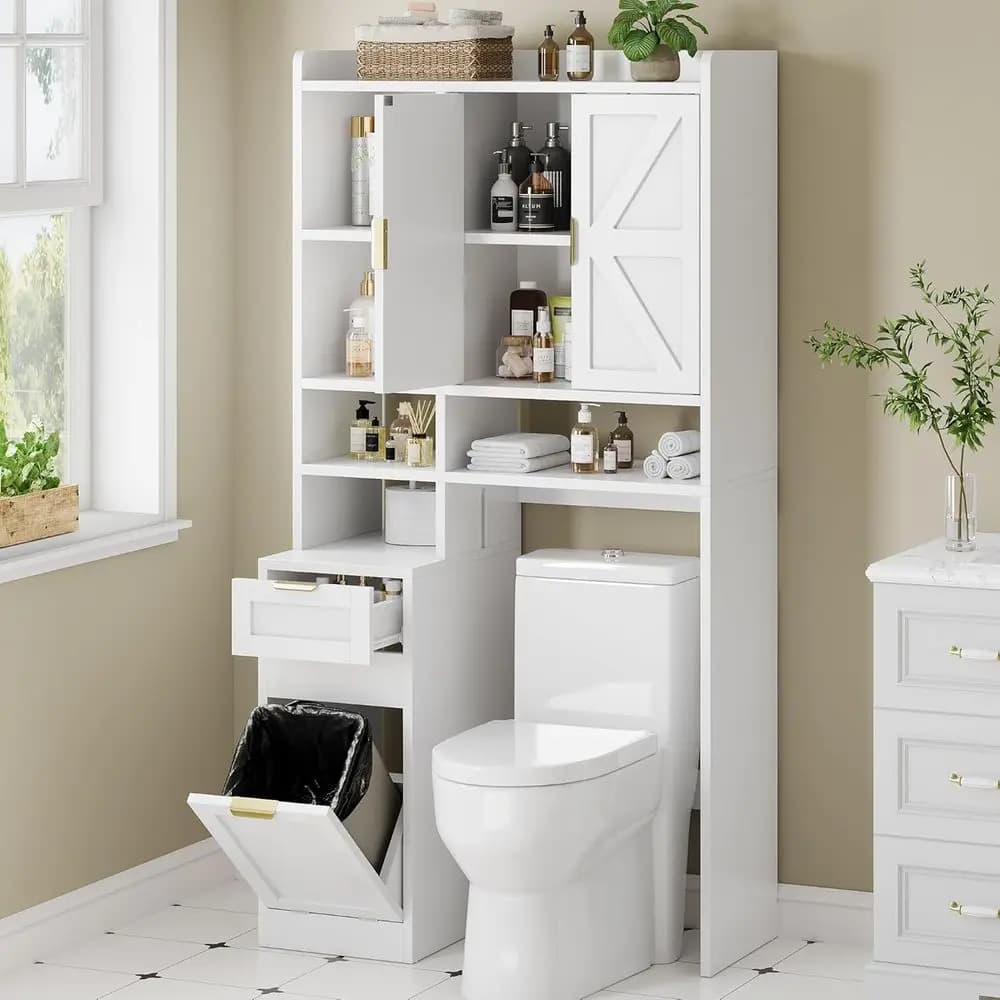 All-in-One White Toilet Storage Cabinet with Hidden Trash Can & Toilet Paper Holder, 10 Spaces