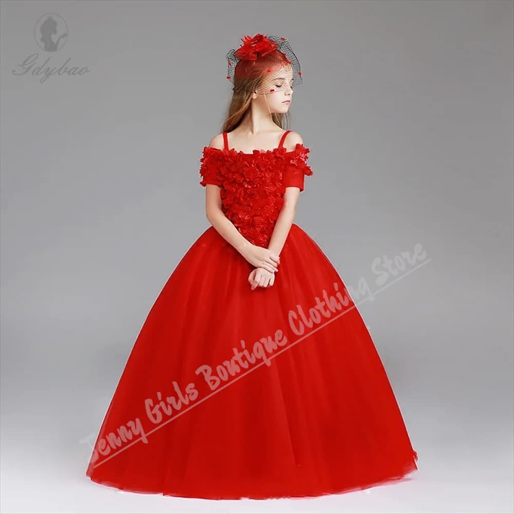 Abiti per bambini Abito da compleanno per ragazza elegante con applicazioni di cinturino per spaghetti adatto per matrimoni e prima comunione