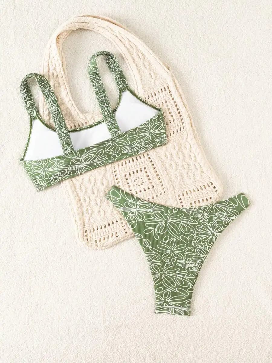 Floral Print Crochet Trim Bikini Set Women Swimwear For Beach Resort Summer