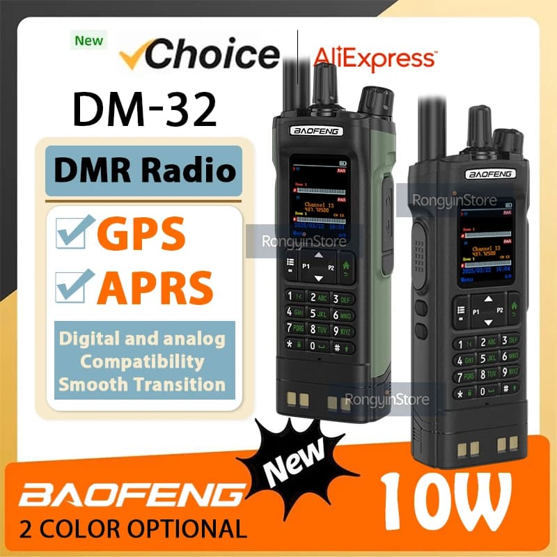 Baofeng Dm-32 DM32 Walkie Talkie DMR Radio GPS APRS Testo SMS Aes256 10W Doppio slot per l'ora Livello 1 + 2 Verde/Nero Radioamatore a lungo raggio