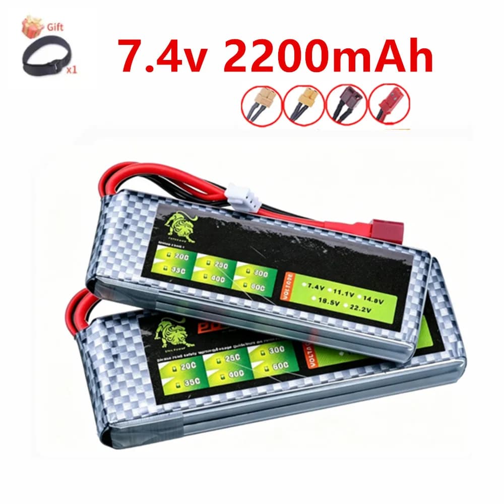 Batteria LiPo 7.4v 2200mAh 35C con Connettore T JST XT30 XT60 per Quadricottero RC, Elicottero, Auto, Barca, Droni, Ricambi, Batteria 7.4V 2S