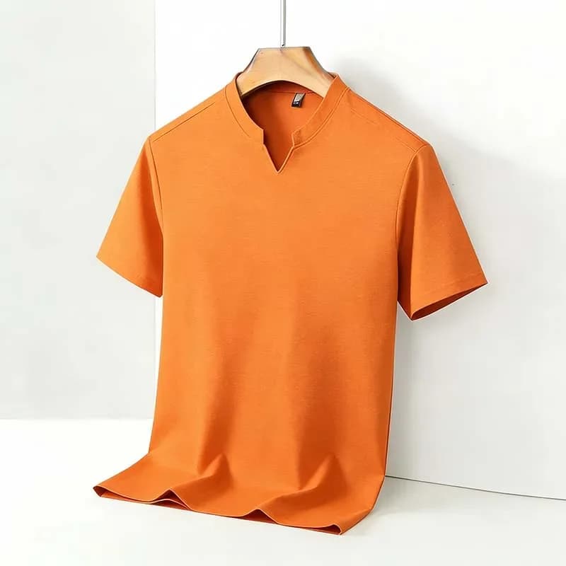 T-shirt da uomo comoda a maniche corte, tinta unita, con colletto alla coreana e scollo a V, casual, per tutte le occasioni
