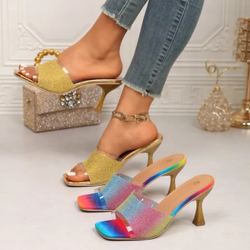 Sandali Donna con Tacco Alto 2026 Nuova Moda Estiva Semplici Glitterati con Punta Quadrata Tacco Sottile Scarpe Femminili Comode Casual da Esterno