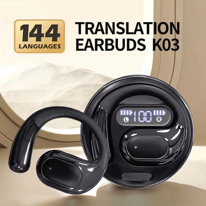 Intelligent AI Headphones for Real Time Translation, More than 100 Languages, LED Display, Design with Eye Hook, For Office, Travel and Business