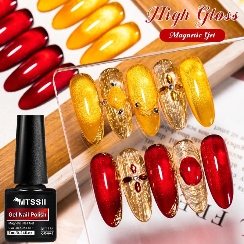 Smalto Semipermanente Magnetico Gel UV LED Glitterato 7ml Rosso Oro Gatto della Fortuna per Unghie, Colla per Unghie Soak Off per Manicure