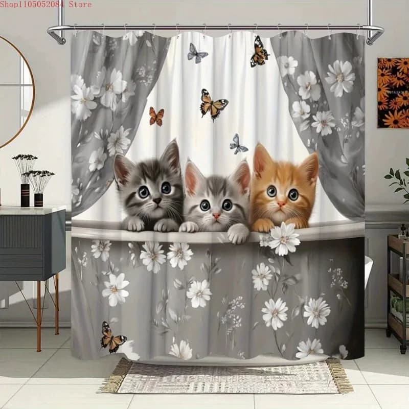 Tenda da doccia con adorabili gatti, 1 pezzo, in tessuto di poliestere, acquerello - con ganci, impermeabile, resistente alla muffa, facile da installare, lavabile