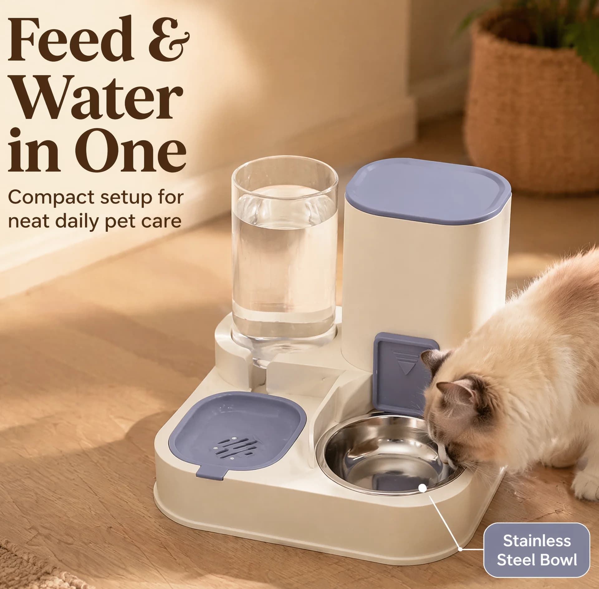 2 In 1 Gravity Pet Food Water Feeder 2.3L Storage 1L Water Bowl Automatic Dispenser For Small Medium Pets