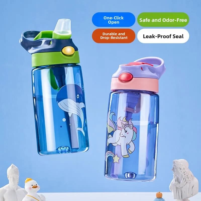 Graziosa Bottiglia d'Acqua in Plastica per Bambini con Cannuccia, Tazza Portatile per Scuola, Bicchiere Estivo per Studentesse