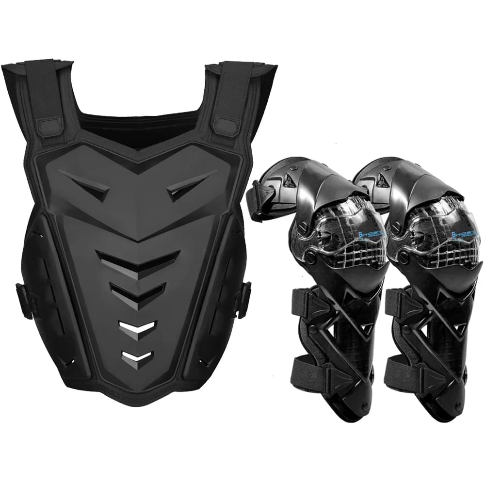 Gilet di protezione per petto e schiena e protezioni per ginocchia per motocross, sci, pattinaggio, guida all'aperto, moto, dirt bike, armatura protettiva per il corpo.
