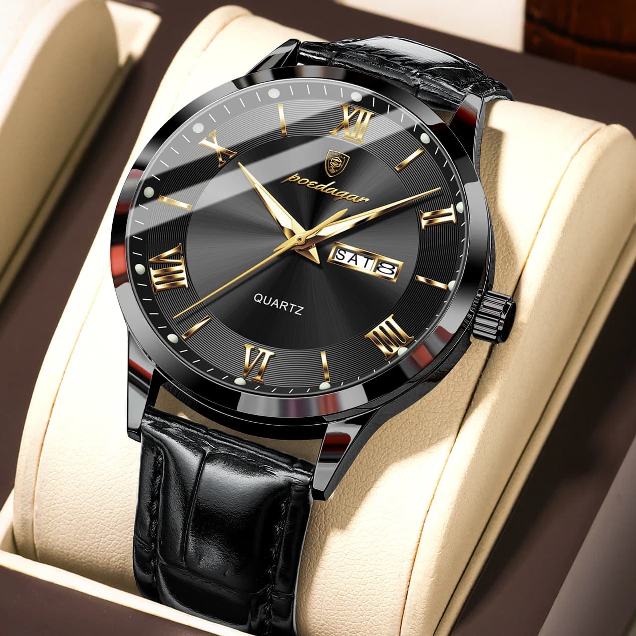 POEDAGAR Orologio da polso di lusso originale da uomo Impermeabile luminoso Data Settimana Orologio da uomo in pelle Orologi da uomo al quarzo da lavoro semplici