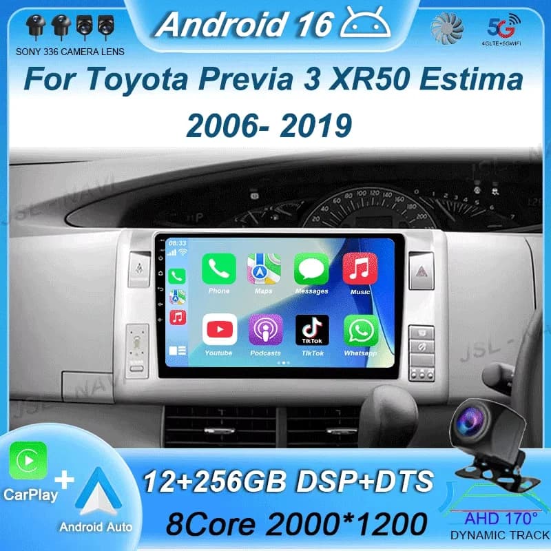 Autoradio Android 16 con CarPlay per Toyota Previa 3 XR50 Estima 2006-2019, Lettore Multimediale GPS Video Stereo con WIFI+4G