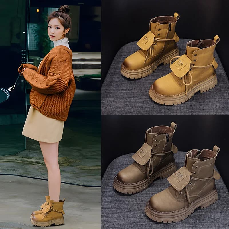 Stivaletti Casual da Donna, Nuovo Stile Autunnale, Moda Vintage Versatile, Stivali Gialli da Escursionismo e Viaggio, Punta Rotonda, Tacco Medio