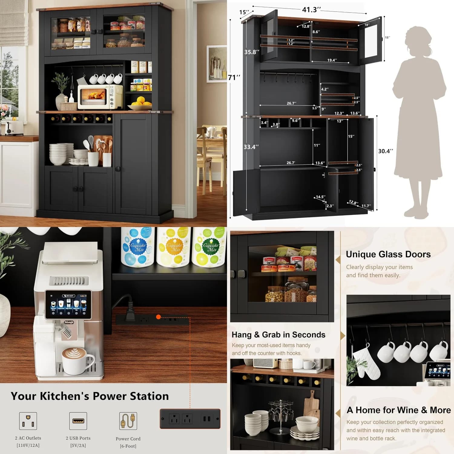 Mobile dispensa da cucina da 71 pollici con stazione di ricarica, ripiani regolabili, portabottiglie, anta in vetro, per sala da pranzo e soggiorno, personalizzabile