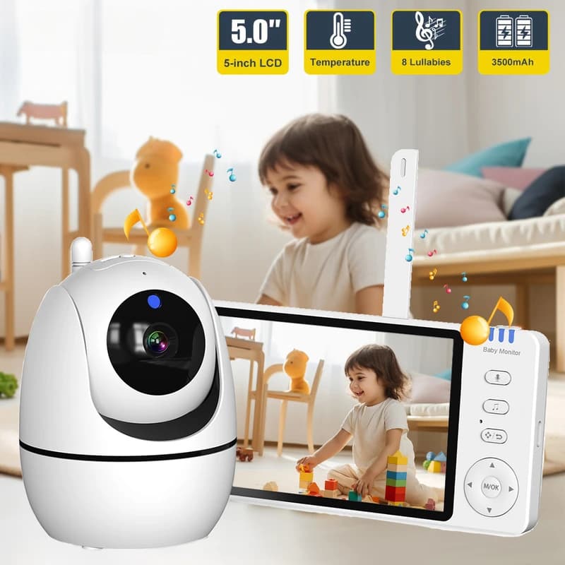Monitor video per bambini da 5'' 2.4G con visione notturna, zoom PTZ e telecamere di videosorveglianza con display della temperatura ABM501